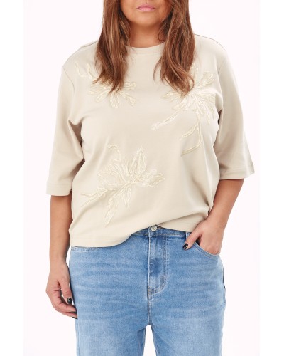 T-shirt Casual Flori Brodate Nude