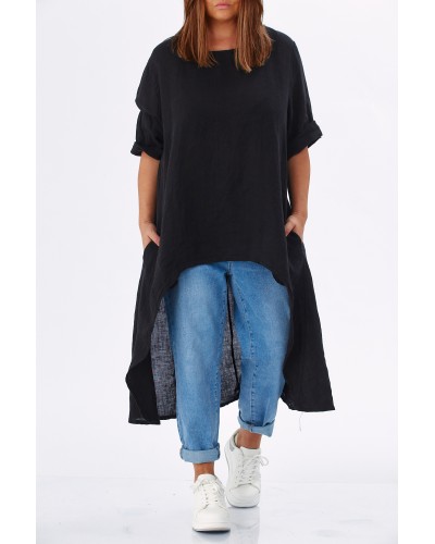 Maglia Lino Oversized Asimetrica Blk