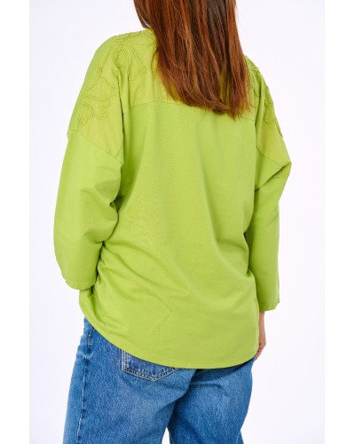 Maglia Casual Cotton Flori Brodate Lime