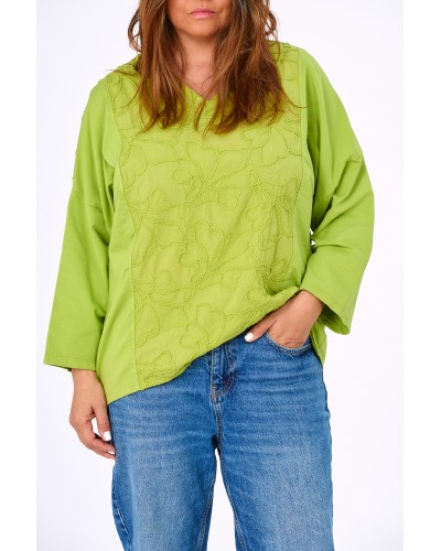 Maglia Casual Cotton Flori Brodate Lime