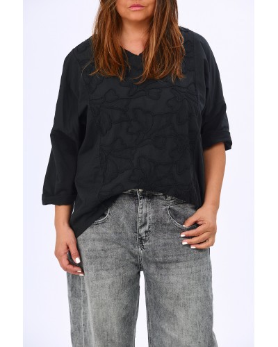Maglia Casual Cotton Flori Brodate Blk