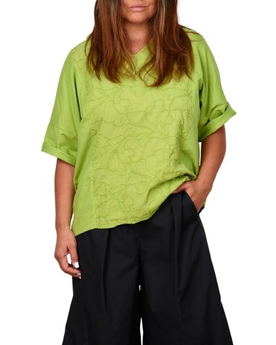 Maglia Casual Cotton Flori Brodate Lime