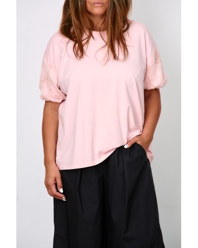 T-shirt Oversized Cotton Maneca Brodata Poudre
