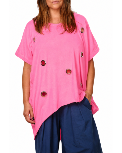 T-shirt Boyfriend Fuxia Asimetric  Cercuri Decupate