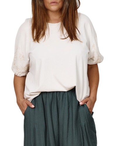 T-shirt Oversized Cotton Maneca Brodata Nude