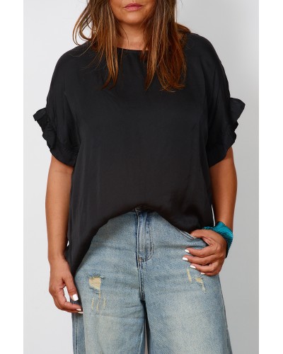 Maglia Aspect Usor Satinat Volane Maneca Blk