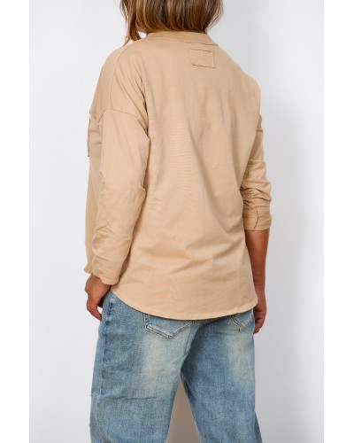 Maglia Basic Boyfriend Cotton Buzunar Beige
