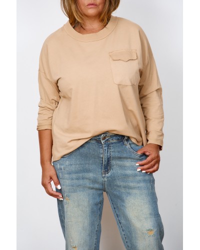 Maglia Basic Boyfriend Cotton Buzunar Beige